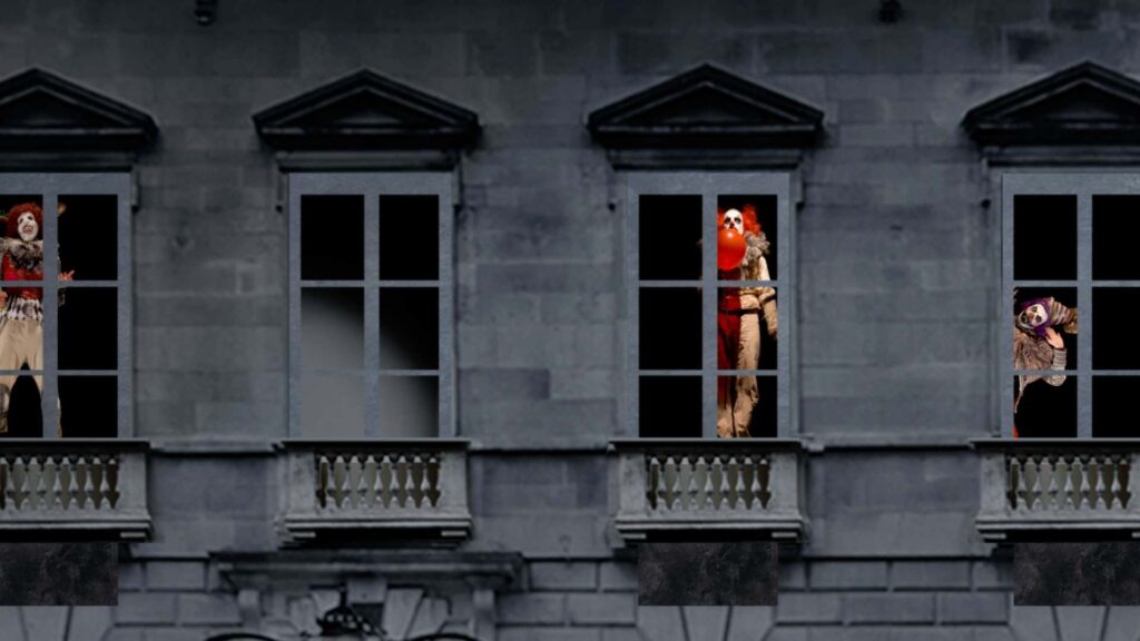 Halloween hologram events featuring clown characters and a house.