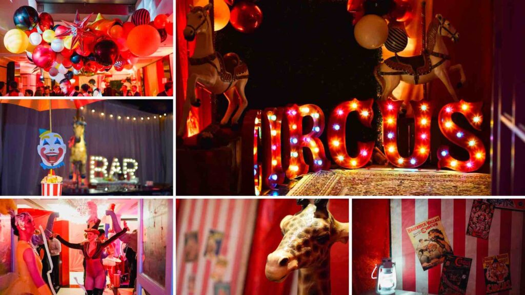 Vintage circus christmas party theming for corporate clients. Including led signage, red and white pallette and circus entertainments.