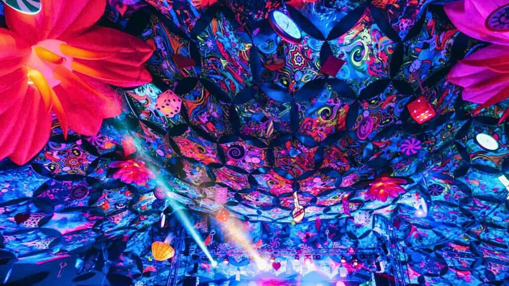 Colourful paisley roof stage design created for a festival music video.