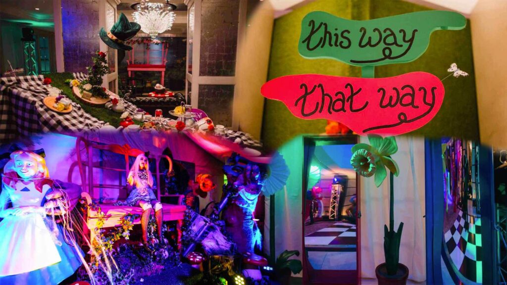 Alice in Wonderland twisted theming for a bespoke escape room including signs and actresses.