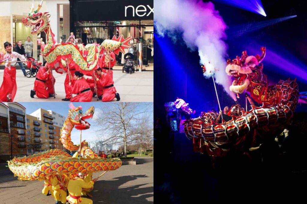 Variety of dragon dance displays at various locations performing for Chinese New Year.