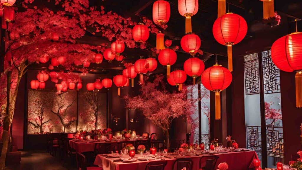 Chinese New Year themed lanterns hanging in red from ceiling at an event. An ai art concept by Canva.
