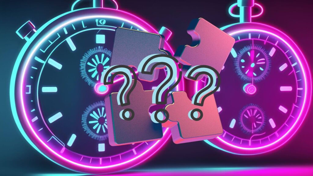 Questions marks over a puzzle with neon style clocks representing time based and puzzle activities are fantastic for teams building.