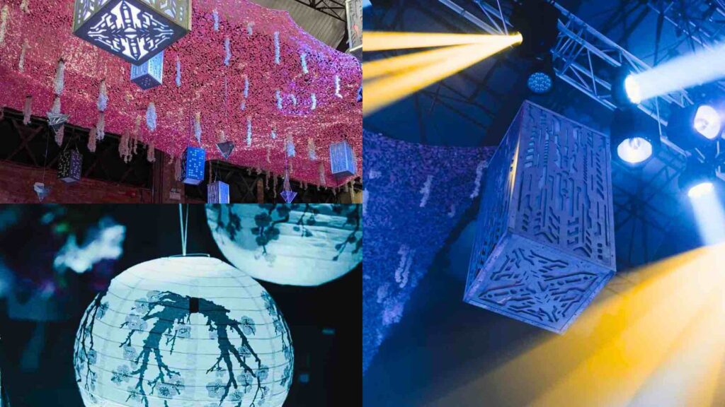 Modern hanging lanterns used for a Chinese New Year themed event.