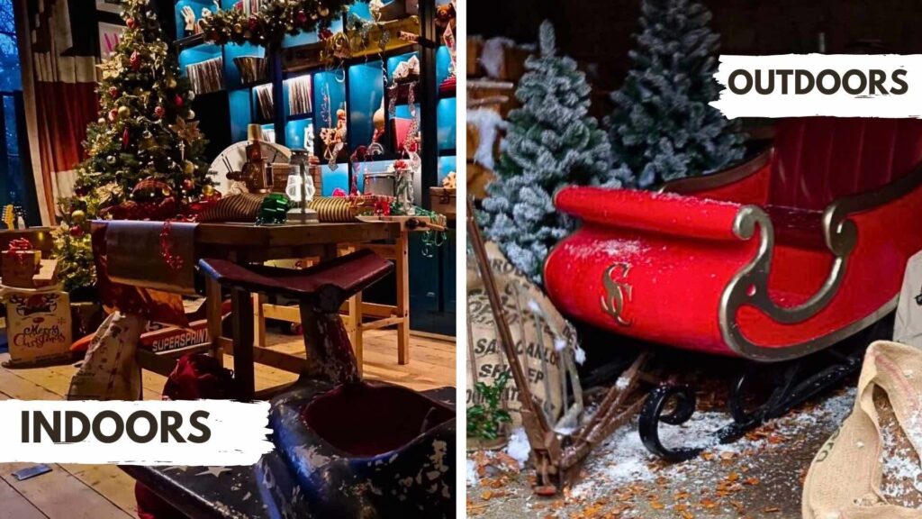 An indoor santa toyshop set design next to an outdoor santas sleigh design by Julia Charles for Riot Squad music video 'Merry Quitmas.'