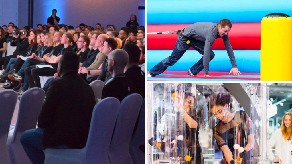 Colleagues participate in enjoyable team-building exercises at a conference.
