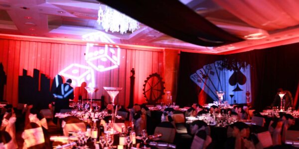 Las Vegas themed gala dinner event venue transformation.