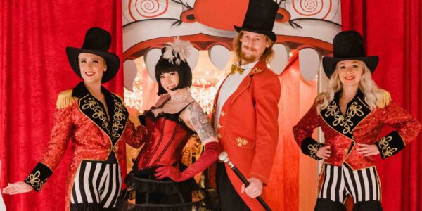 Mixture of stilt walker circus performers available for circus themed events.
