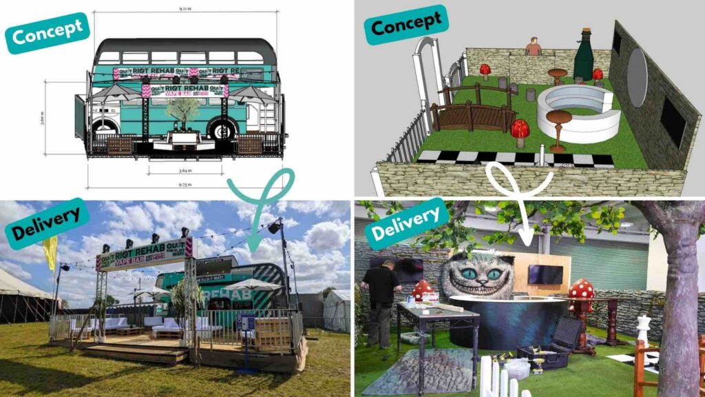 Concept to delivery plans and final results of event designs for exhibitions Riot Rehab Bus and Alice in Wonderland Stand.