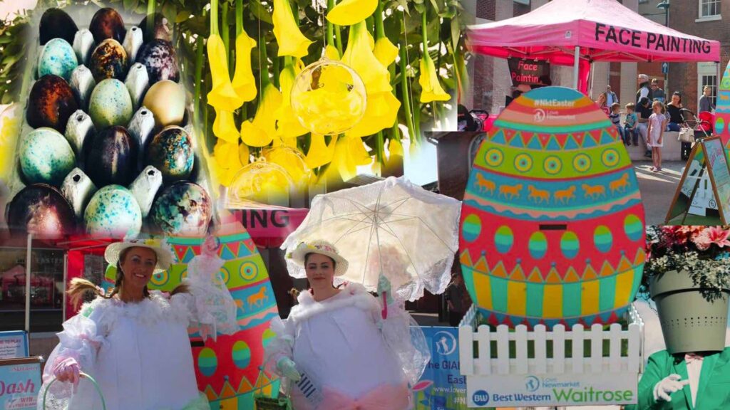 Easter egg hunt design theme including easter entertainment, flowers, eggs and face painting with easter photo booths.