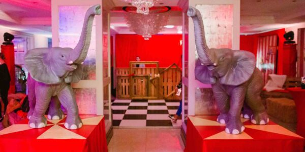 Book circus themed events and bespoke entrance theming such as these elephants.