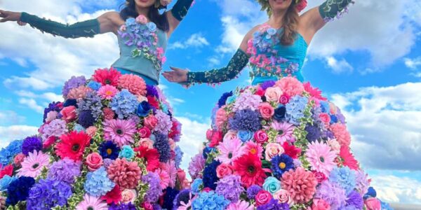 Floral-Stilt-Walkers-At-Corporate-Summer-Party