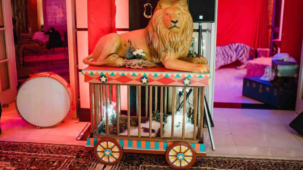 Travelling circus and lion props used for a circus themed party.