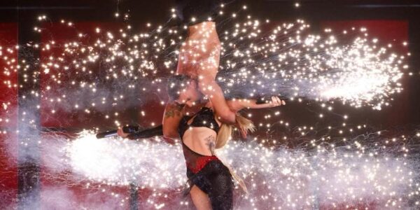 Hire incredible aerial couple with pyrotechnics at Vegas Theme events.