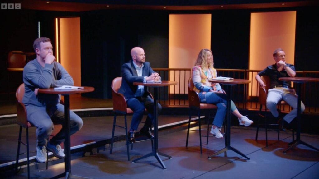 All four guest judges sat together ready to watch a virtual escape room investment pitch on The Apprentice including Julia Charles.