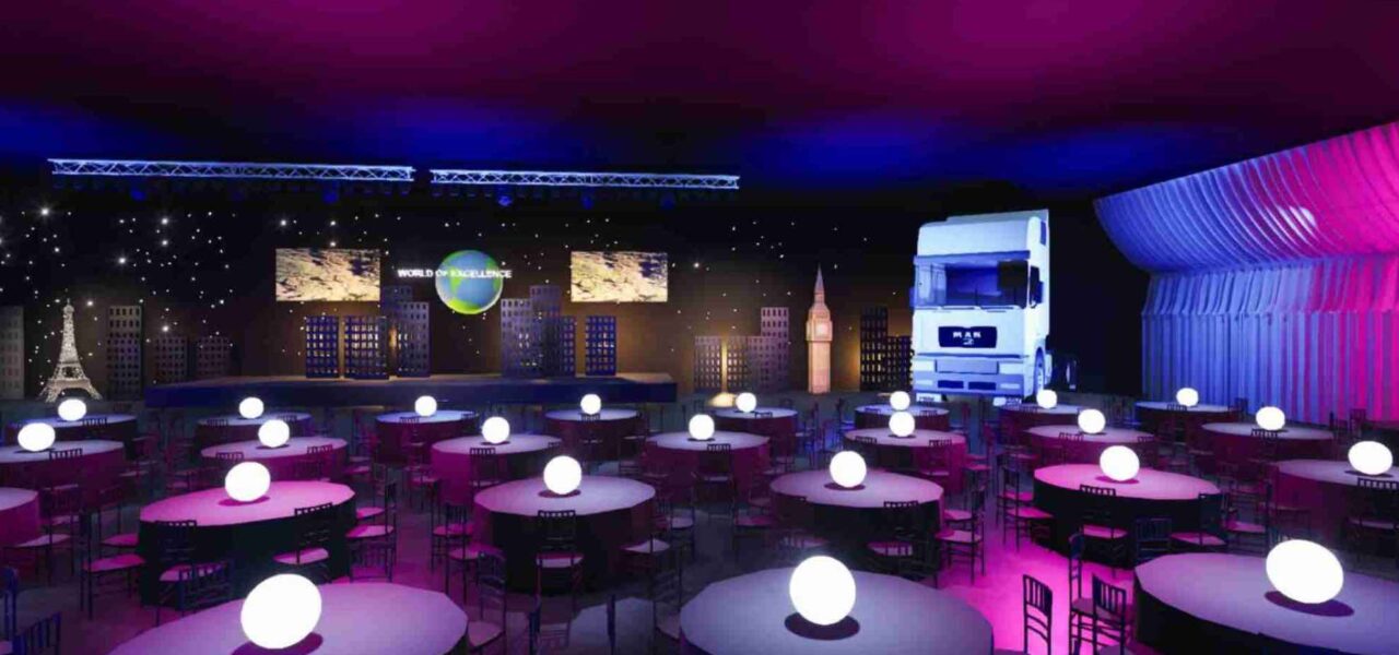 3D event design visualization of an around the world themed gala dinner featuring global props, custom staging and immersive cityscape styling