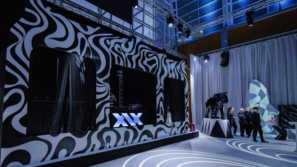 Black and White bespoke DJ set design booth for event.