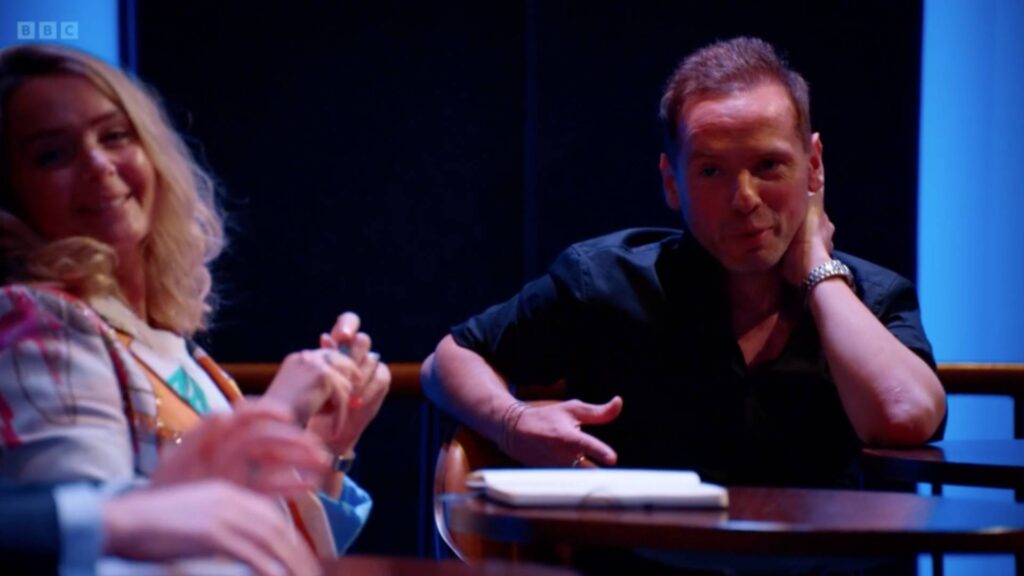 Julia and other guest judge Tom laughing at the Fallen game concept on BBC The Apprentice.
