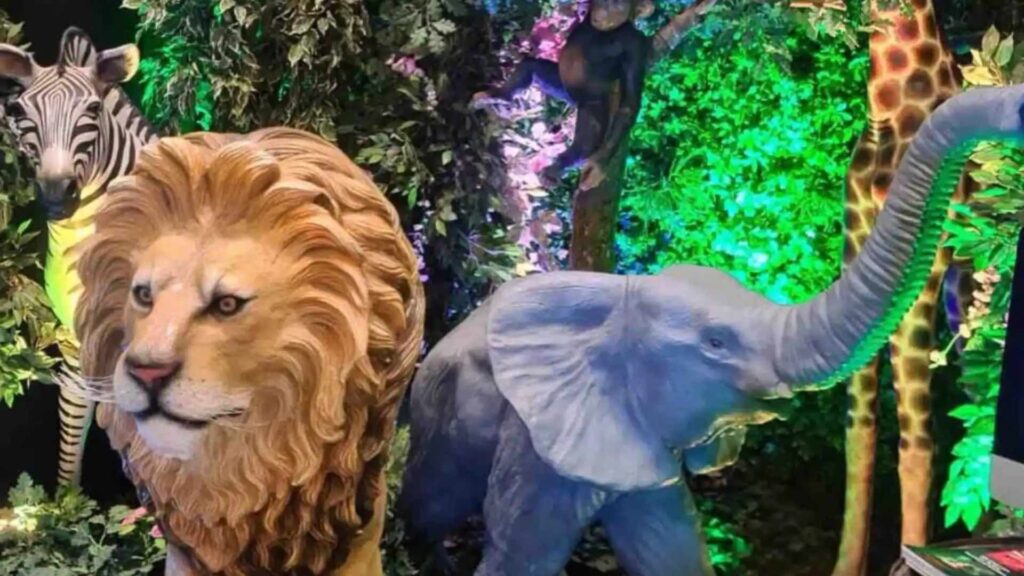 Lion and elephant props used for a jungle themed event.