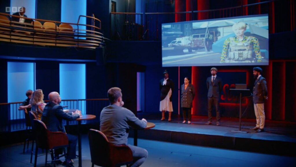 Apprentice contestants present their virtual escape room game Fallen to Julia Charles.