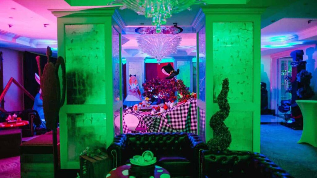 Set installation designed for an Alice in Wonderland themed event.