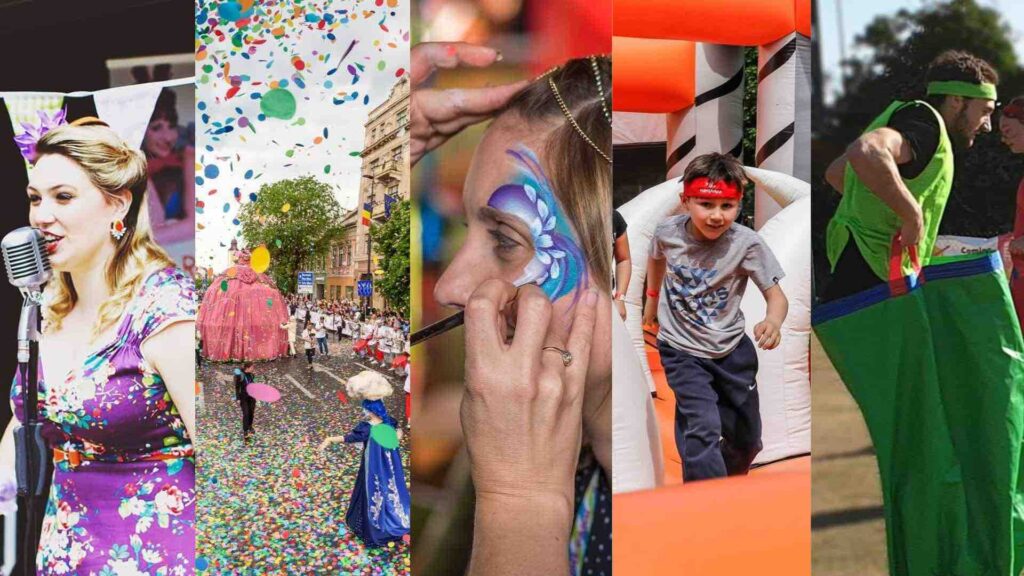 A variety of entertainment options available for your community event including a 1940s style singers performing, walkabout parade entertainment, face painting, boy on inflatable assault course and man mid jump in sack race team building competition.