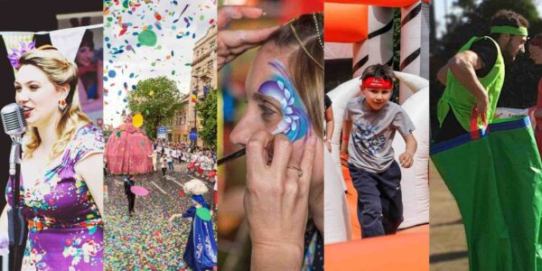 A variety of entertainment options available for your community event including a 1940s style singers performing, walkabout parade entertainment, face painting, boy on inflatable assault course and man mid jump in sack race team building competition.
