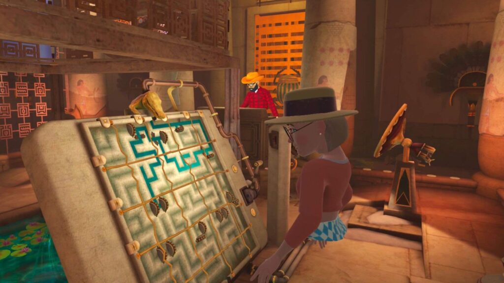 Metaverse avatars solving puzzle in VR escape room game.