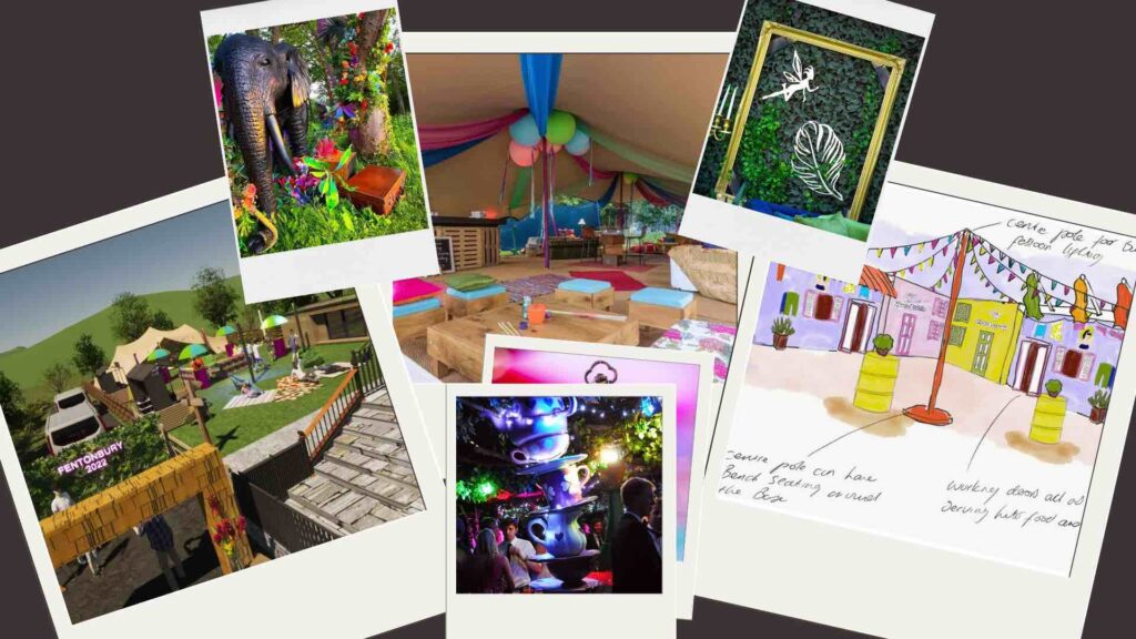 A collage of Family Fun Day photos including immersive event theming and event design for festivals and enchanted garden.