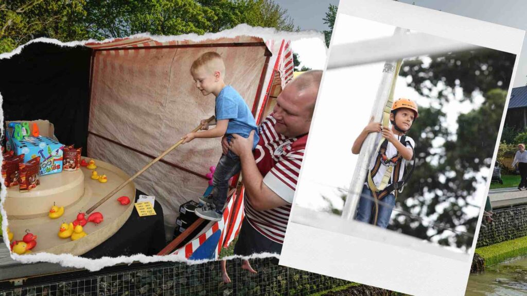 Children and adults playing at a Family Fun Day event including fun fair games and activities.