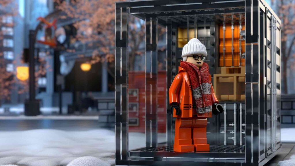 A lego man in moncier clothing inside a windowed box for a collaboration concept by Michael Charles.