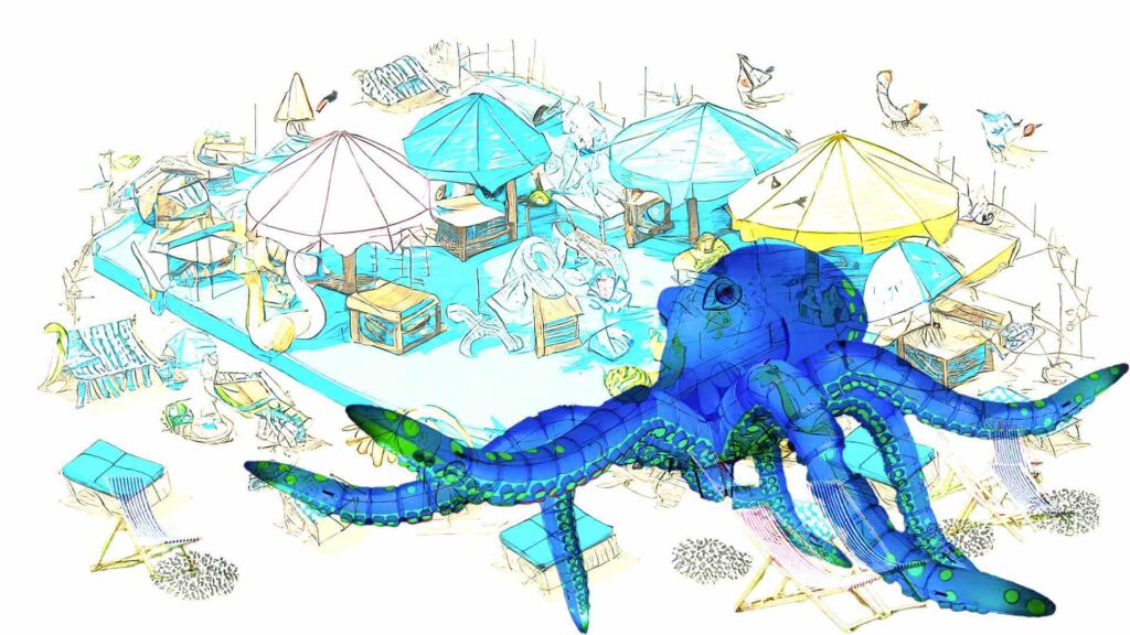 Nautical themed festival concept with sketch and octopus puppet and deckchairs.
