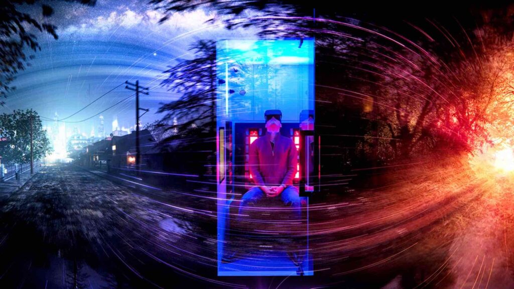 Person inside a multi-sensory VR experience cabinet.