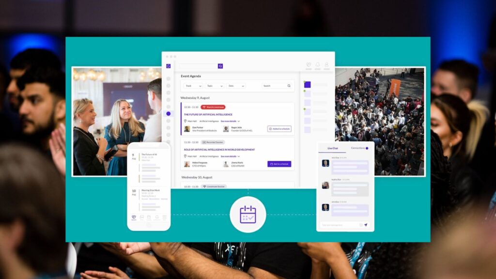Screenshots of event technology and apps for managing and planning events.