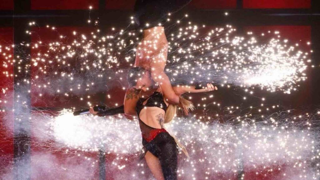 Britain's Got Talent aerialists Duo Odyssey performing aerial stunts and pyrotechnics ideal for a famous-themed act.