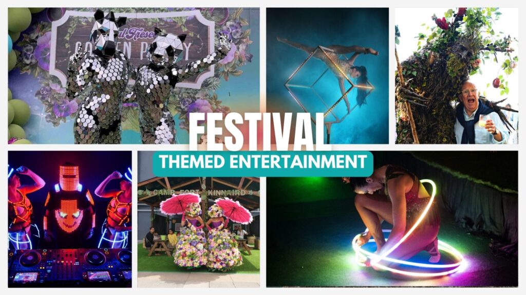 Festival themed entertainment for events including disco animals, floral walkabout acts and LED Hula hoopers and DJS available in the UK and Internationally.