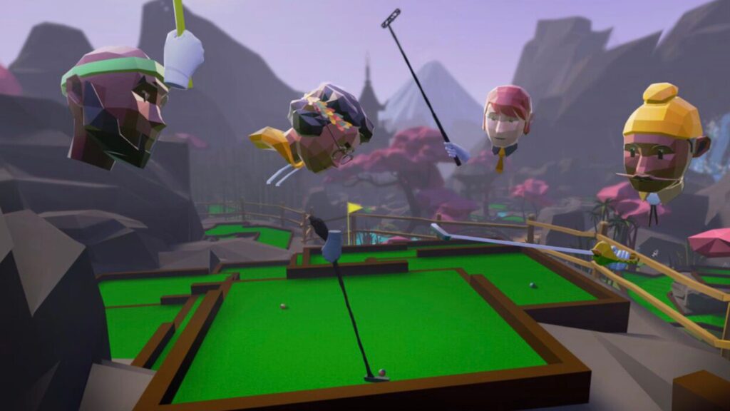 Golf range in metaverse with avatars and landscape.