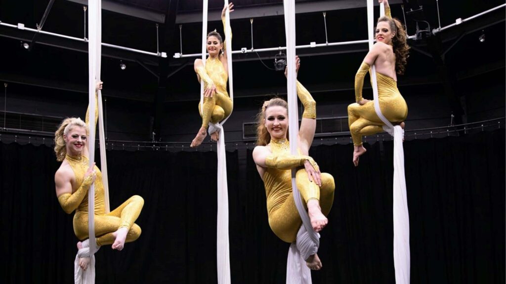 Four Aerial Acrobat performers hanging from silks