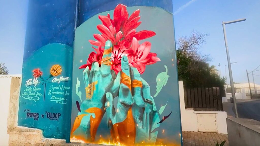 Augmented reality painting for a brand activation featuring green hands reaching toward a red flower.