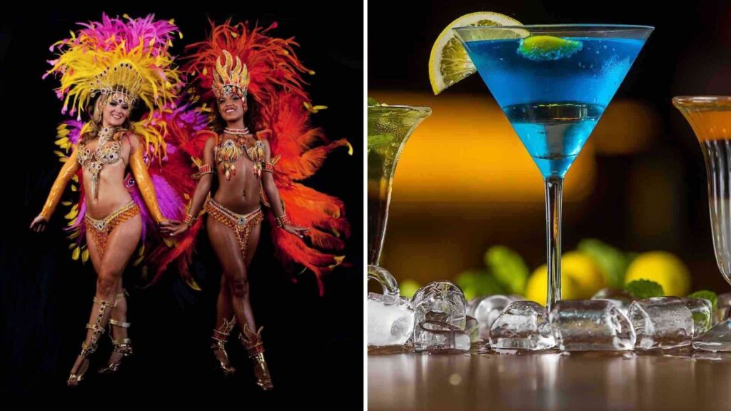Brazil themed samba dancers in headdress and costumes beside a blue cocktail.