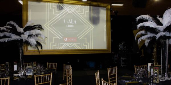 Gatsby themed projection screen at Gala DInner event we managed for GlenEagles.