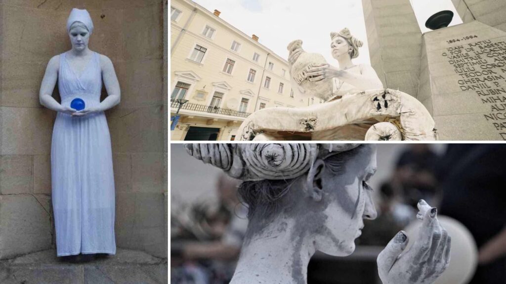 Greek living statues posing for events in white chalk costume and posing on plinths.