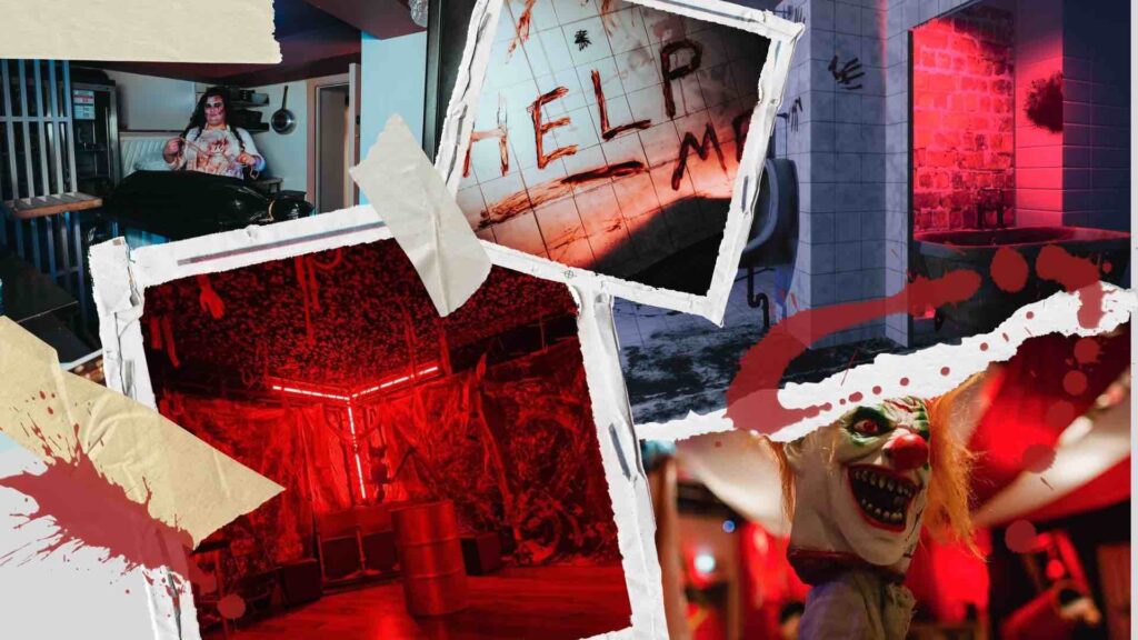 Halloween event theming and transformations by Julia Charles. Collage of Halloween horror scenes such as the slaughter room, twisted circus and SAW movie.