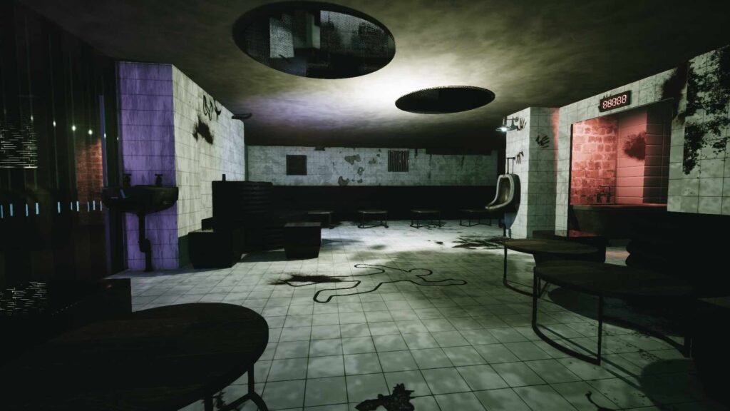 3D render of TABU nightclub space with blood splattered walls inspired by the SAW franchise.