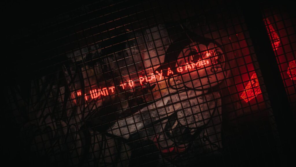 I want to play a game famous slogan from SAW movie in illuminated neon signage at TABU London Halloween Event.