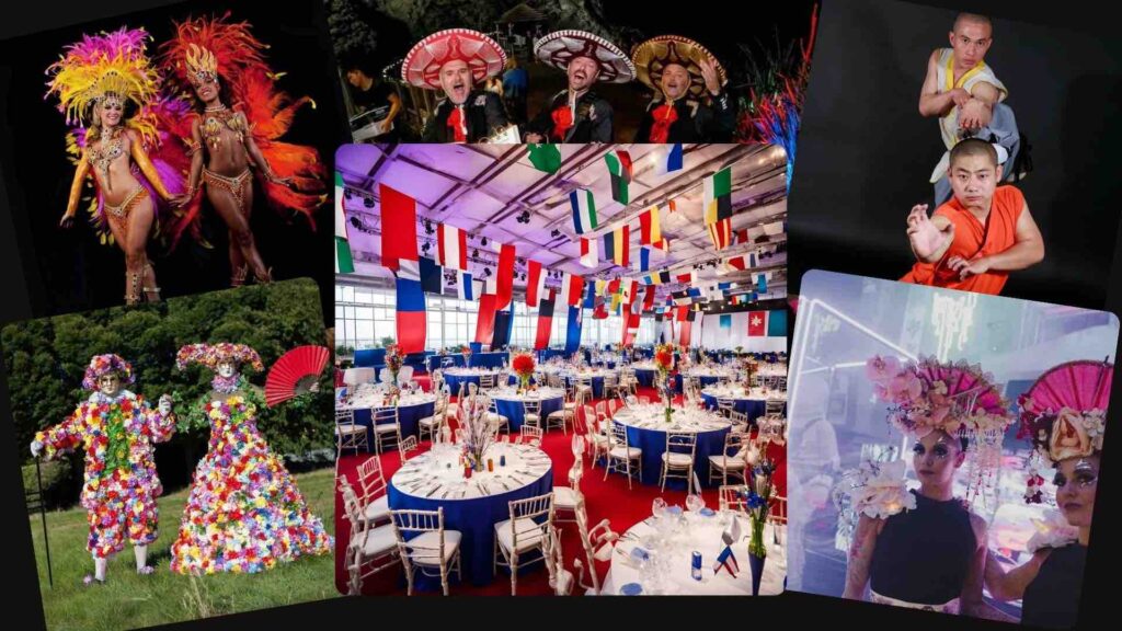 Olympics themed event entertainment from various host countries with an Olympics themed gala dinner image at the centre generated by Canva Ai.
