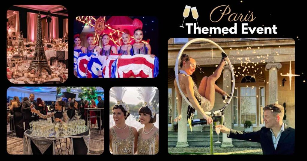 Paris themed event styling and theming including eiffel tower props, champagne tables and paris themed entertainment.