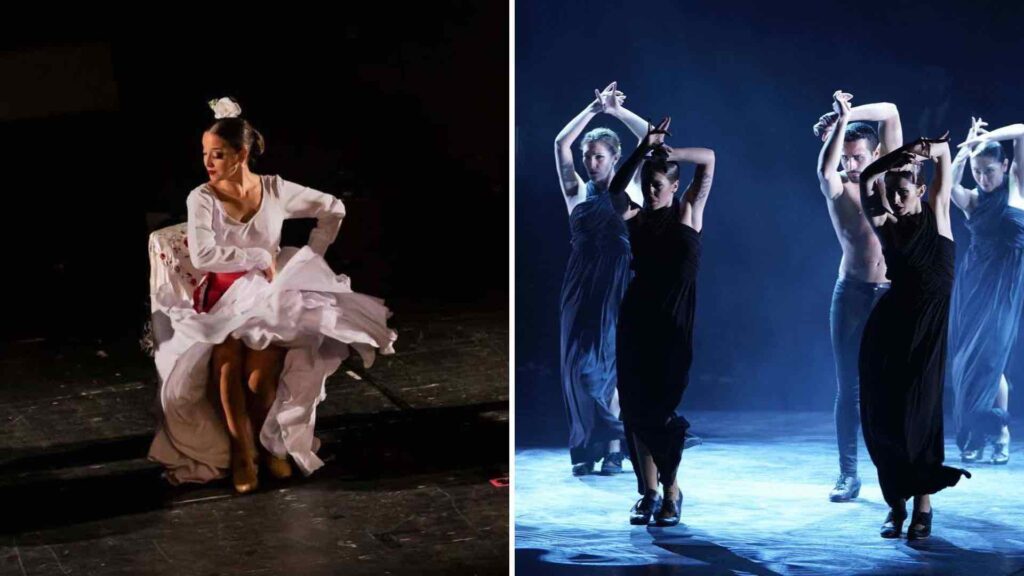 Spanish Flamenco dancer in white outfit on stage with flamenco dancers in black outfits ideal for olympic themed events.