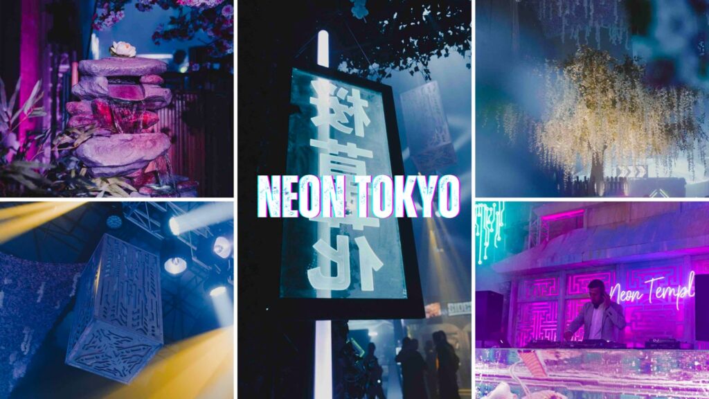 Neon Tokyo theming by Julia Charles features japanese signs, glowing neon props and Japanese inspired venue styling.