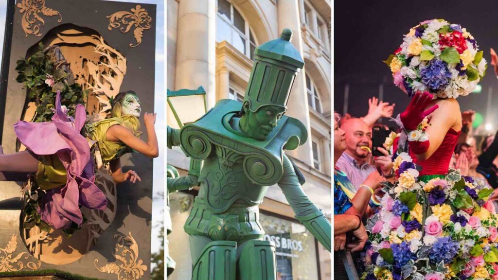 Walkabout acts including living lampposts, flower girl and book of wonder act for netherlands international inspired events.